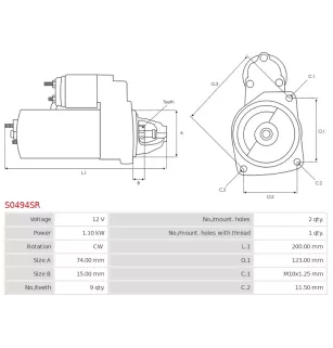 Démarreur 12V 1.10kW 9 dents BOSCH 0001107440, 0001107441, 0986021560, CARGO 114068, DELCO DRT1560