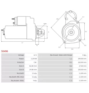 Démarreur 12V 2.20kW 11 dents AS-PL S0496, UD90023S, BOSCH 0001362700, 0986015420, CARGO 112020