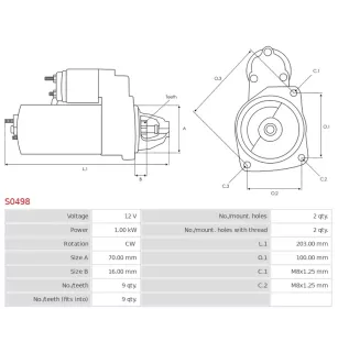 Démarreur 12V 1.00kW 9 dents AS-PL S0498, BOSCH 0001106014, 0001106025, 0986019940, CARGO 114051