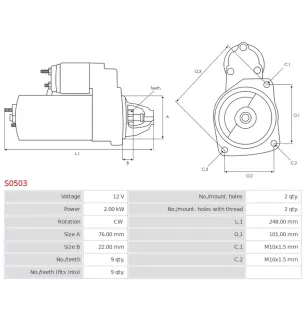 Démarreur 12V 2.00kW UD30035S 12417515784