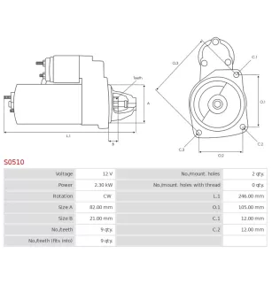 Démarreur 12V 2.30kW 9 dents AS-PL S0510, UD30046S, BOSCH 0001109359, 0001109360, 0001362017