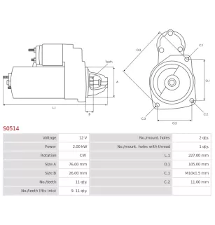 Démarreur 12V 2.00kW 11 dents AS-PL S0514, UD11437S, BMW 12418612576