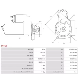 Démarreur 24V 4.00kW 11 dents AS-PL UD11442S, BOSCH 0001360048, 0001368015, CARGO 114266, FENDT V836130388