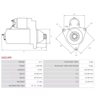 Démarreur 12V 2.00kW 11 dents BOSCH 0001123038, 0001123039, DELCO DRS0174, VALEO 199052, 438226