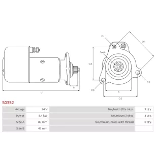 Démarreur 24V 5.40KW 9 dents MERCEDES 0041510001, DELCO 19024177, BOSCH 0001402026, 0001414005, 0001416057