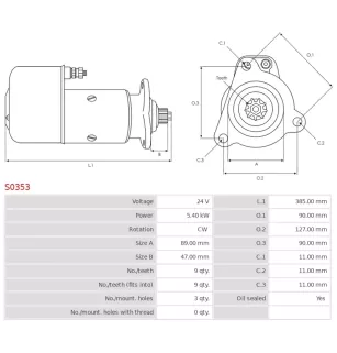Démarreur 24V 5.40KW 9 dents PRESTOLITE 860657GB, VOLVO 4772059, 9004772059, 3EFFE STRF222, ANDEL ANM12317X, CASCO CST10754ES