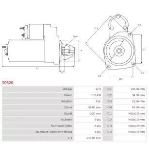 Démarreur 12V 1.10kW 9 dents AS-PL S0526, UD12068S, BOSCH 0001107047, 0986016400, 0986016401