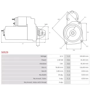 Démarreur 12V 1.40kW 10 dents AS-PL UD12020S, BOSCH 0001107478, 0001107479, DELCO DRS0223, FIAT 51808557