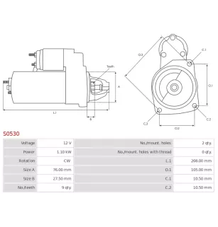 Démarreur 12V 1.10kW 9 dents AS-PL S0530, UD12001S, BOSCH 0001107060, CARGO 113480, ISKRA / LETRIKA 11.131.233