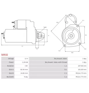 Démarreur 12V 1.20kW 9 dents AS-PL UD12002S, BOSCH 0001107463