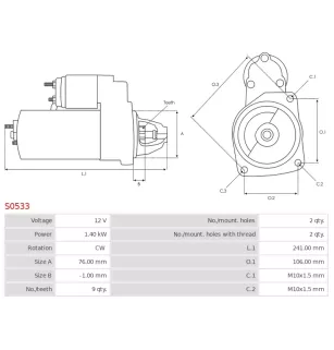 Démarreur 12V 1.40kW 9 dents AS-PL S0533, UD12029S, BOSCH 0001108066, 0001108107, 0001108153