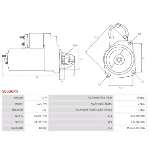 Démarreur 12V 2.20kW 10 dents Remplace BOSCH 0001109275, 0001109280, 0001109281, 0001109315, 0001109316