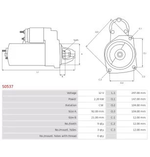 Démarreur 12V 2.20kW 9 dents AS-PL S0537, UD12023S, BOSCH 0001109413