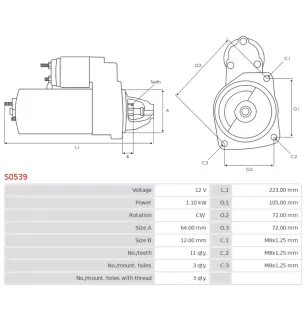 Démarreur 12V 1.10kW 11 dents AS-PL S0539, UD01255S, BOSCH F000AL0100, FIAT 46803965, LOGISTIK 331422