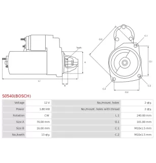 Démarreur 12V 1.80kW 13 dents AS-PL UD03207S, BOSCH 0001139043, 0001139044, 0001139065, 0001139066