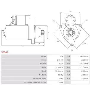 Démarreur 12V 1.70kW 13 dents AS-PL UD12354S, BOSCH 0001142003, 0001142004, 0986025220, CARGO 115338