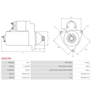 Démarreur 12V 1.10kW 11 dents BOSCH 0001121435, 0001121436, 0986025360