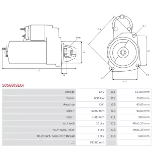 Démarreur 12V 0.90kW 10 dents AS-PL UD03906(SEG)S, BMW 12417540897, 12417550017, 12417552105, 12417552697