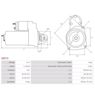 Démarreur 12V 1.10kW 9 dents AS-PL S0572, UD12949S, BOSCH 0001107446