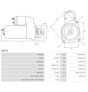 Démarreur 12V 1.70kW 11 dents AS-PL S0574, UD12901S, BMW 12417631025, 12417631054, 12417638192