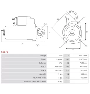 Démarreur 12V 2.30kW 9 dents AS-PL S0575, UD90027S, BOSCH 0001223004, 0001223104, CARGO 114274