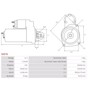 Démarreur 12V 1.70kW 10 dents AS-PL S0576 UD12331S, BOSCH 0001138013, 0001138014, 0001138067