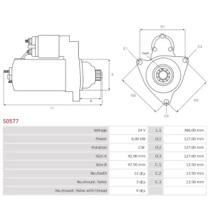 Démarreur 24V 6.00kW 12 dents AS-PL S0577 UD12033S, BOSCH 0001330011, MERCEDES 0061510001, A0061510001