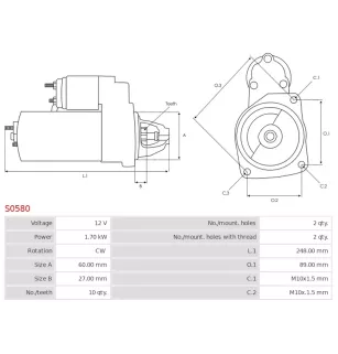 Démarreur 12V 1.70kW 10 dents AS-PL UD12016S, BOSCH 0001147021