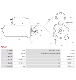 Démarreur 12V 1.90kW 9 dents AS-PL UD11985S, BOSCH 0001354081, 0001354100, 0001362012, 0001362013