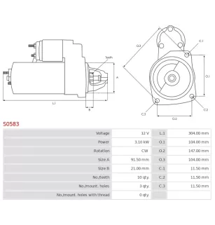 Démarreur 12V 3.10kW 10 dents AS-PL S0583, UD11989S, BOSCH 0001369015, 0001369020, 0001369023