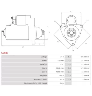 Démarreur 24V 5.50kW 12 dents AS-PL S0587, UD12032S, BOSCH 0001241128, 0986025060, 1986S10103