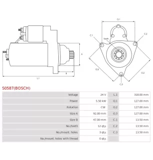 Démarreur 24V 5.50kW 12 dents AS-PL S0587(BOSCH), UD803008(BOSCH)S, BOSCH 0001241128, 0986025060, 1986S10103