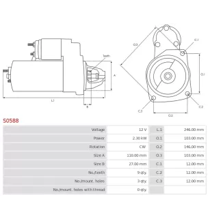 Démarreur 12V 2.30kW 9 dents AS-PL S0588, UD12950S, BOSCH 00010EA6EE, 0001109417, 0001218822