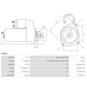 Démarreur 12V 2.40kW 9 dents AS-PL S0591, UD12953S, BOSCH 0001354088, 0001362023, 0001362036