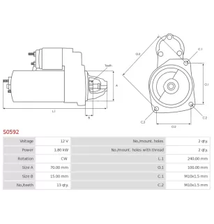 Démarreur 12V 1.80kW 13 dents AS-PL UD12952S, BOSCH 0001139043, 0001139044, 0001139065, 0001139066