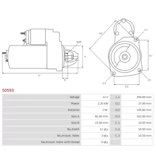 Démarreur 12V 2.20kW 11 dents AS-PL UD12679S, BOSCH 0001362701