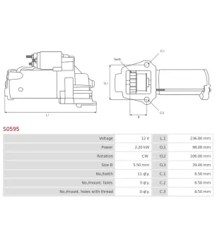 Démarreur 12V 2.20kW 11 dents AS-PL S0595, UD13030S, BMW 12417798006