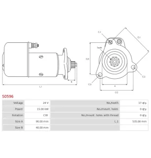 Démarreur 24V 15.00kW 17 dents AS-PL S0596 UD12682S, BOSCH 0001601007