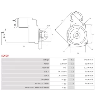 Démarreur 12V 3.00kW 10 dents AS-PL S0600, UD12907S, BOSCH 0001367069