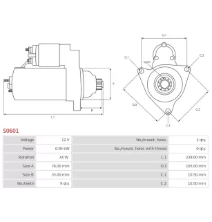 Démarreur 12V 0.95kW 9 dents AS-PL S0601, UD13175S, BOSCH 0001212211, 0001212213, 0001212402