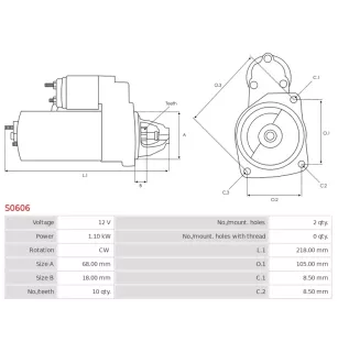 Démarreur 12V 1.10kW 10 dents AS-PL S0606, UD12330S, UD18615S, BOSCH 0001137005, 0001137006