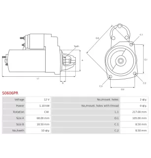 Démarreur 12V 1.10kW 10 dents Remplace BOSCH 0001137005, 0001137006, 0001170610, 0001170611, 0986025210