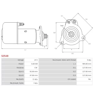 Démarreur 24V 6.60KW 11 dents CASCO CST10642, CST10642AS