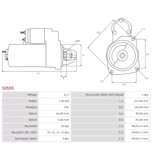 Démarreur 12V 1.40KW 10 dents FIAT 1342792080, 71716562, 71716563, 71716565, 71719600, 71719608