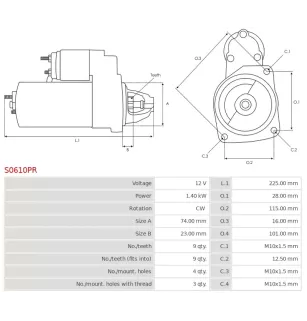 Démarreur 12V 1.40kW 9 dents BOSCH 0001108207, 0001108228, 0001108229, VW 07C911023D 07C911023F