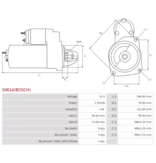 Démarreur 12V 2.50kW 9 dents AS-PL UD805213(BOSCH)S, BOSCH 0001109306