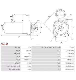 Démarreur 12V 2.50kW 9 dents AS-PL S0614S, UD13647S, BOSCH 0001109306, 0001109307, 0001109366