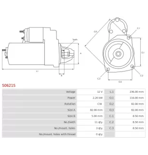 Démarreur 12V 2.20kW 11 dents AS-PL S0621S, UD13021S, BOSCH 0001148003, 0001148004, 0986025550