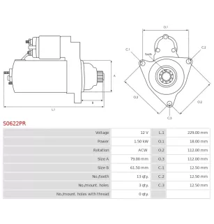 Démarreur 12V 1.50kW 13 dents AS-PL S0622S, UD13768S, UD19701S, BOSCH 0001179500, 0001179501