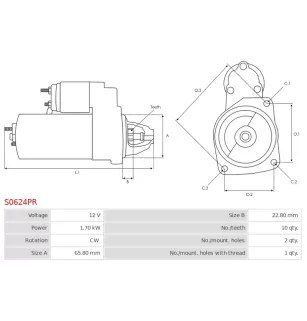 Démarreur 12V 1.70kW 10 dents Remplace BOSCH 0001138019, 0001138020